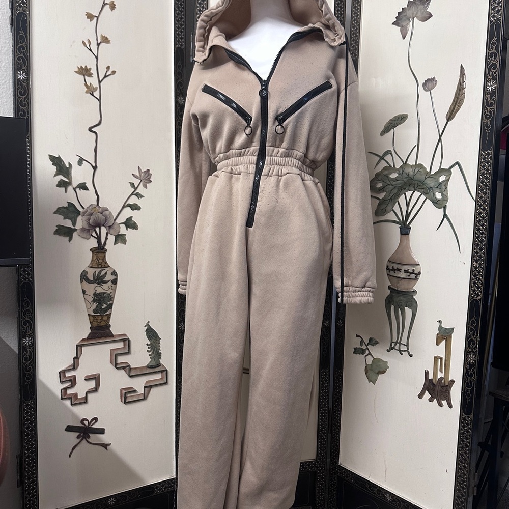 Beige Hooded Jumpsuit with Black Accents